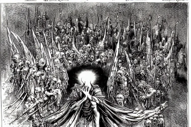Prompt: fallen angel begs to enter the gates of hell by philippe druillet and gustave dore and les edwards and much a and moebius and hieronymus bosch