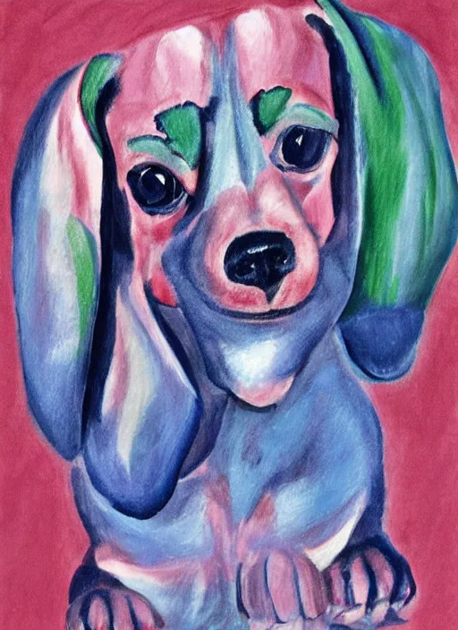 Image similar to Pink and Blue dachshund, painted by Georgia O'Keeffe, very detailed, with folds, 8k