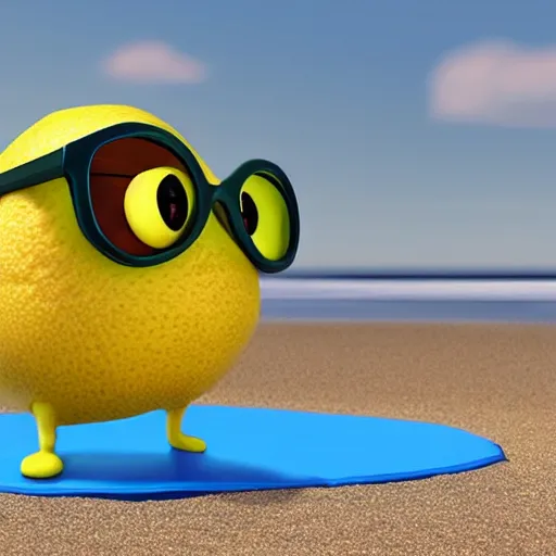 Prompt: cute pixar style lemon on a beach, it wears green sunglasses