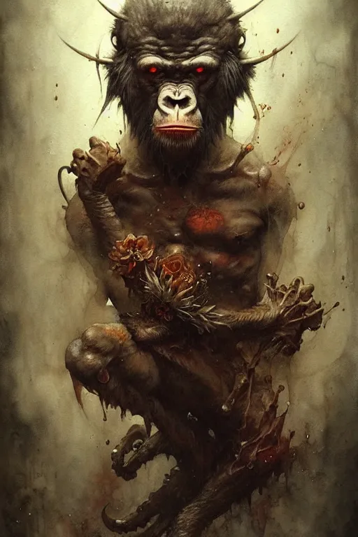 Prompt: ape demon | esoteric symbolism | jean - baptiste monge, esao andrews, bastien lecouffe - deharme, tim jacobus, ken currie | ultra - detailed realism, soft cinematic lighting, hi - fructose, artstation, high - quality, ink watercolors wes anderson poster art