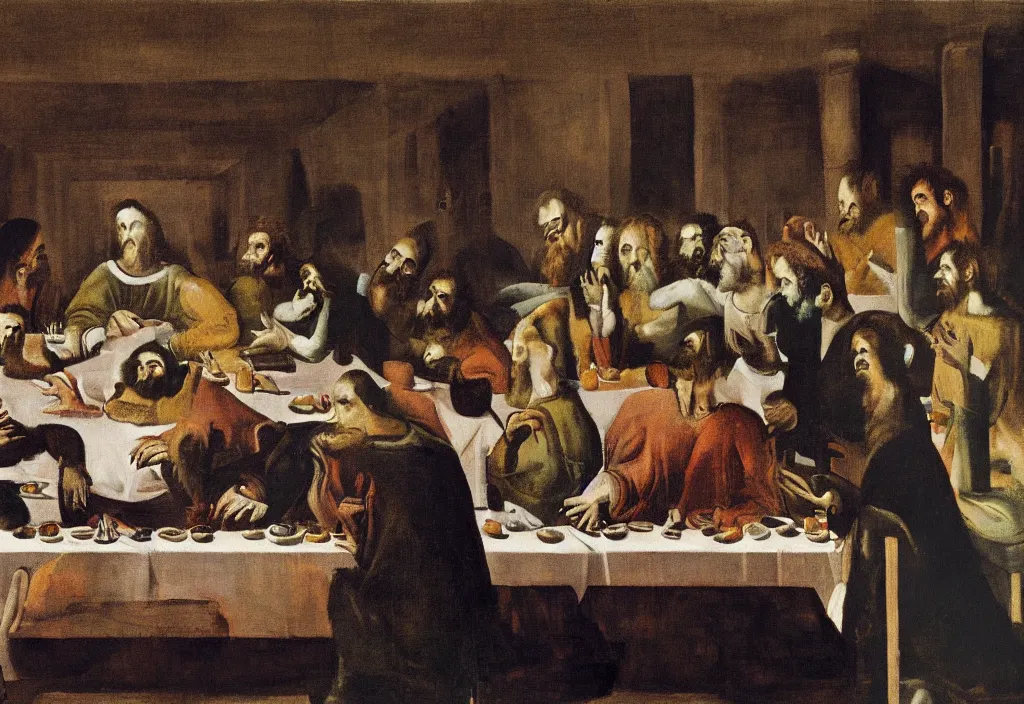 Image similar to last supper painted by francis bacon 8 k, hyperdetailed