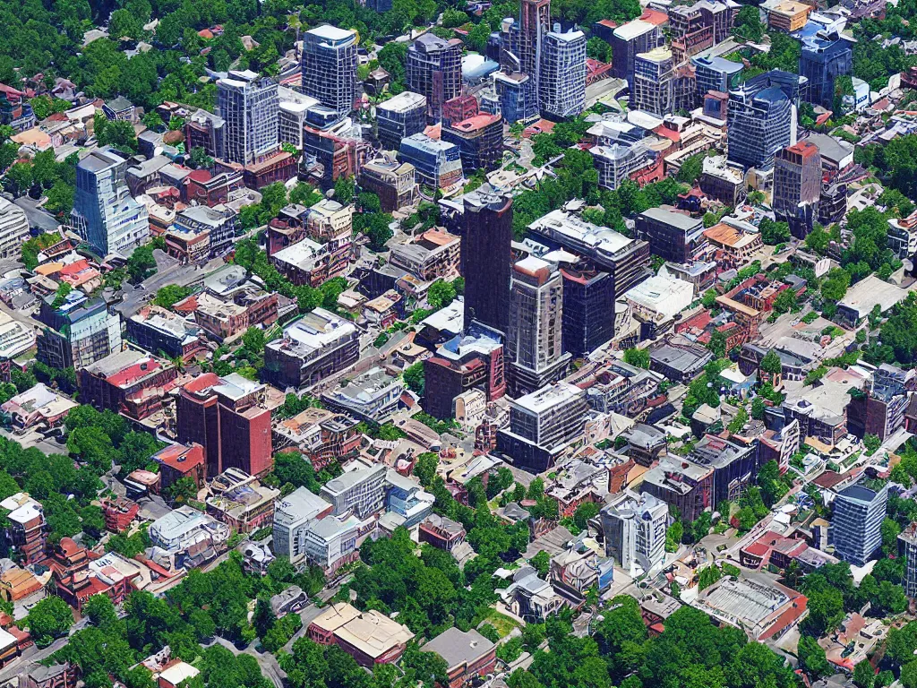 Image similar to “ aerial image of downtown asheville nc in the style of sim city 2 0 0 0 ”