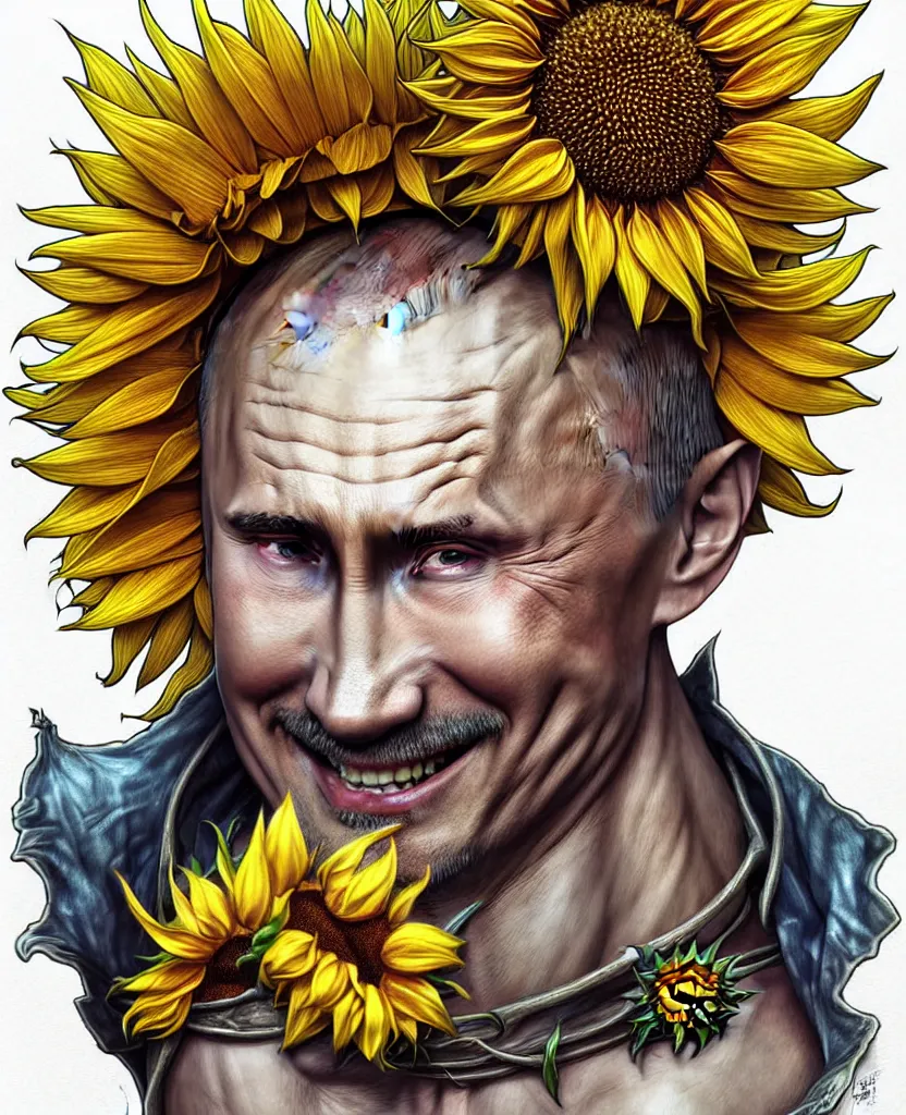 Image similar to digital art, centered full body of Putin smiling king, Sunflower crown, ,intricate, veins, by James Jean and by artgerm , by ross tran ultradetailed, charachter design, concept art, trending on artstation,