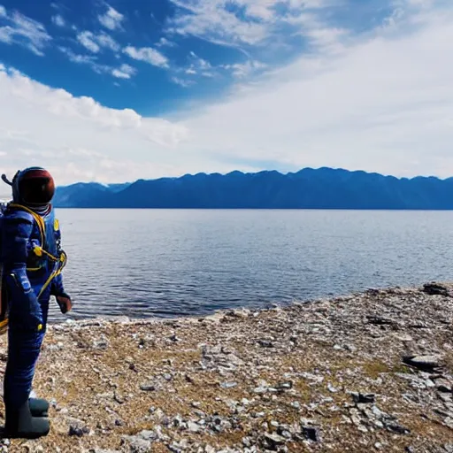 Image similar to an astronaut standing in the water of Lake Baikal and looking at the mountains