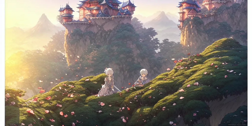 Image similar to the knight and the sword of rose petal, anime, castle core, mountains, rocky roads. by hayao miyazaki and rossdraws and artgerm and greg rutkowski and alphonse mucha and studio ghibli. high quality, stunning, intricate detailed environment. 8 k