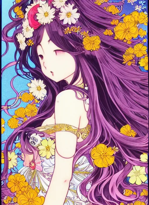 Image similar to exquisite imaginative manga poster art of cat girl, long wavy hair, flowers, rococo dress, pearlescent, shimmering, by kojima ayami, shigenori soejima, takeshi obata, alphonse mucha, jump comics, shogakukan, art nouveau, illustration, artstation, highly detailed, 8 k, colorful, maximalist