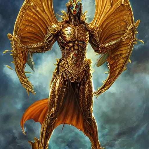 Image similar to a beautiful symmetrical muscular full body wearing a dragon armor with wings made of golden ornaments and gems, by alex gray and android jones , Karol Bak, Ayami Kojima, Amano , concept art, character design, fantasy,3D, 8k resolution