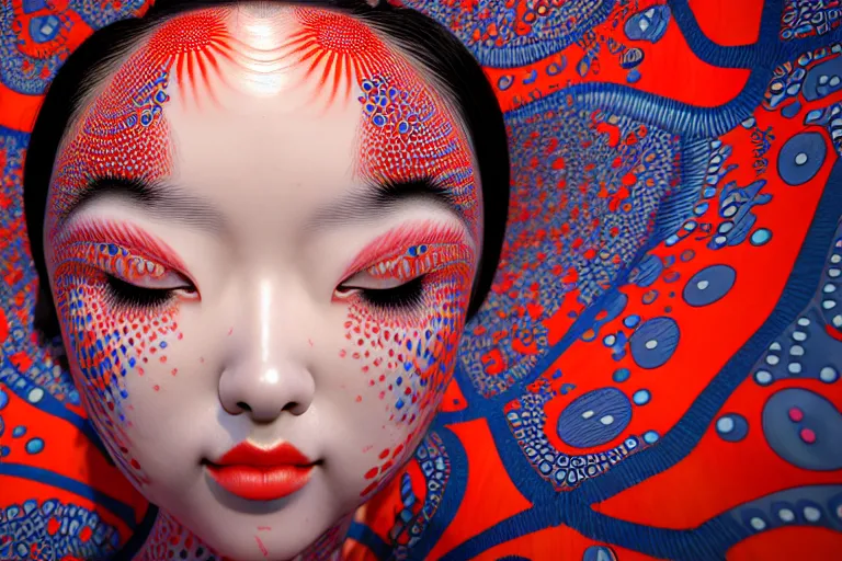 Prompt: hyperrealistic detailed image of a geisha laying in a art installation, interior by yayoi kusama, part by kei mieno, part by alex gray, part by ross tran, part by james jean, ultra realistic, highly detailed, life like face, detailed body, 8 k, octane render, trending on artstation, very cohesive, masterpiece