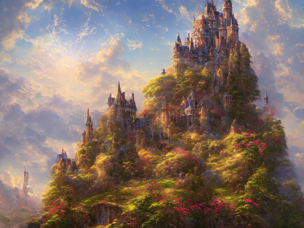 Prompt: a beautiful painting of a castle in the skies, by greg rutkowsky and thomas kinkade. trending on artstation