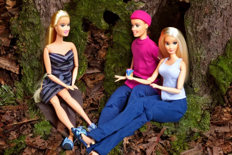 Image similar to Barbie and Ken sitting in the forest near the fireplace, Ken's face is melting, night, high-resolution photo,