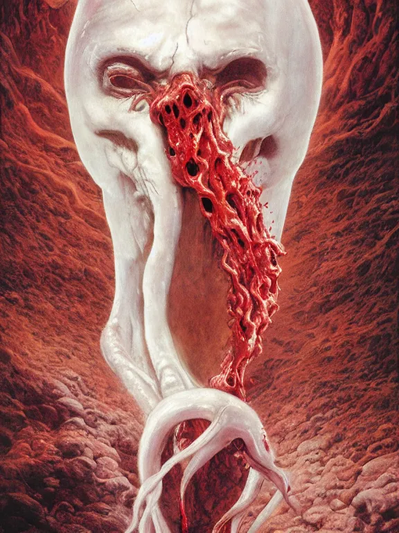 Prompt: wayne barlowe painting of a flying sorrowful looking severed human head with tears running down it's eyes, face that is chalk white in color, with long white tentacles stemming from it's neck, fiery scorching red eyes, background sprawling terrifying hellish cave with lava flowing through it's walls, 4 k