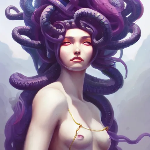 Image similar to a beautiful portrait of medusa, concept art by pete mohrbacher and guweiz and ilya kuvshinov, digital art, highly detailed, intricate, sharp focus, trending on artstation hq, deviantart, unreal engine 5, 4 k uhd image