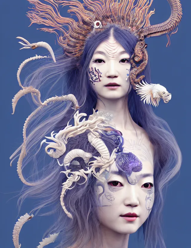 Image similar to 3 d slvic goddess half - turn portrait with long hair with ram skull. beautiful intricately detailed japanese crow kitsune mask and clasical japanese kimono. betta fish, jellyfish phoenix, bio luminescent, plasma, ice, water, wind, creature, artwork by tooth wu and wlop and beeple and greg rutkowski