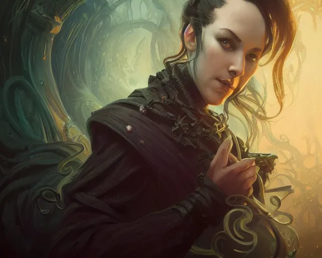 Image similar to photography of h. p. lovecraft, deep focus, d & d, fantasy, intricate, elegant, highly detailed, digital painting, artstation, concept art, matte, sharp focus, illustration, hearthstone, art by artgerm and greg rutkowski and alphonse mucha