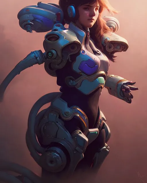 Image similar to d. va from overwatch, character portrait, concept art, intricate details, highly detailed by greg rutkowski, michael whelan and gustave dore
