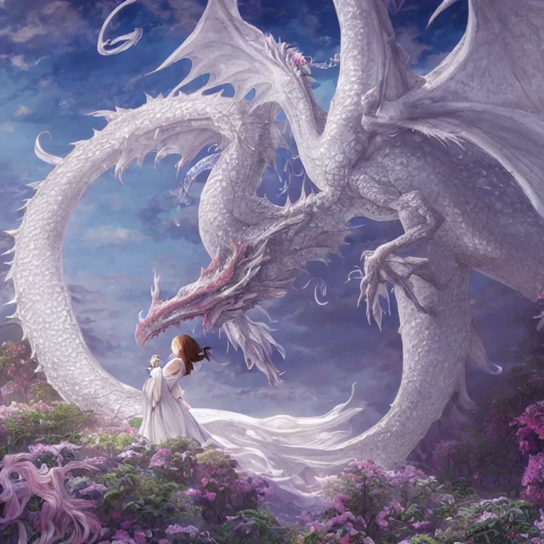 Image similar to the beautiful hyper detailed scene render that a lonely beautiful girl lies in the arms of a huge silver white dragon alone in fairyland surrounded by white clouds, finely detailed angelic face delicate, style of studio ghibli, makoto shinkai, raphael lacoste, louis comfort tiffany, artgerm, james jean, ross tran, animation style, hd, ultra wide angle