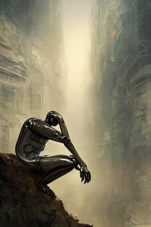 Image similar to the thinker as an i robot, intricate, elegant, volumetric lighting, scenery, digital painting, highly detailed, artstation, sharp focus, illustration, concept art, luis rollo, ruan jia, steve mccurry, john berkey