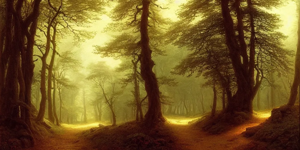 Image similar to a 1 9 th century german romantic landscapes painting of the quiet forest path by john howe and caspar david friedrich ， oil painting style, light and shadow color, super wide angle, mysterious, quiet atmosphere ， trending on artstation h 5 7 6