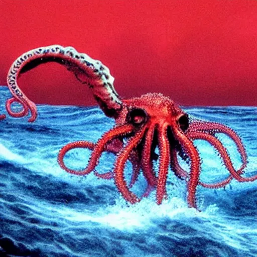 Image similar to the anti - christ rising from a red ocean with slimy tentacles. color detailed photograph from a 1 9 9 0 s horror movie.