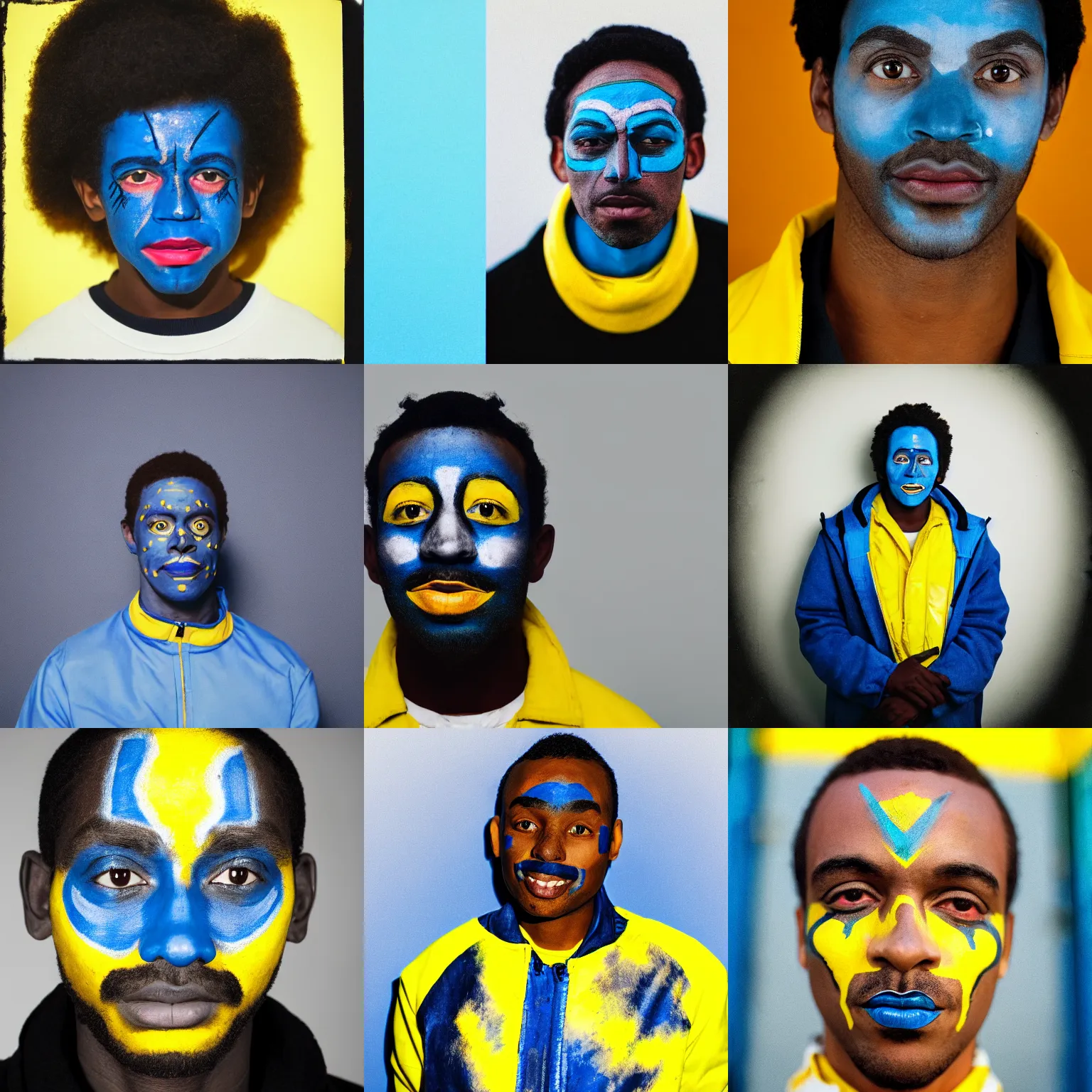 Prompt: black man with blue face paint and a bright yellow jacket on white background, grainy film photograph, slightly overexposed