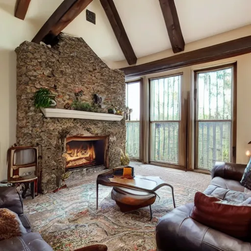 Prompt: a real estate home interior photo. the fireplace is a portal to hell and demons are lounging on the furniture