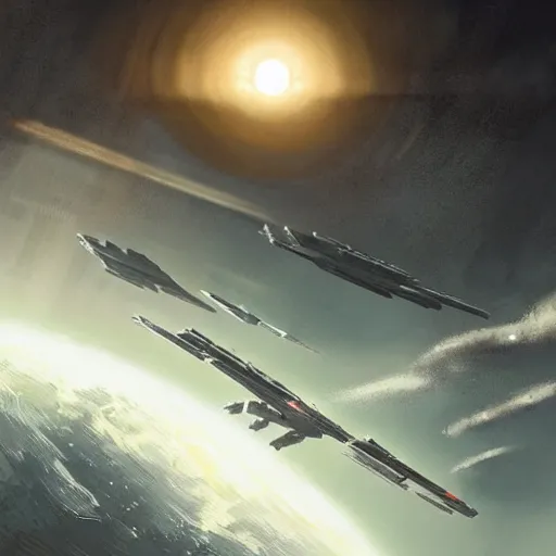 Image similar to battlestar galactica in earth's atmosphere, style of greg rutkowski