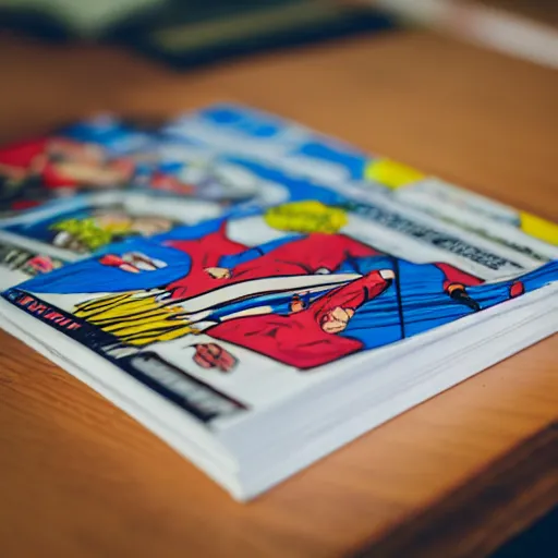 Prompt: photo of a comic book on a wood table, macro