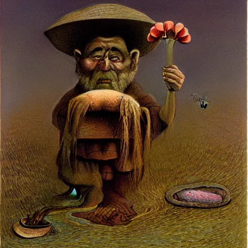 Prompt: Zdzisław Beksiński painting of a gnome tinkerer