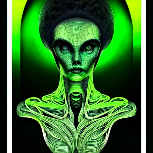 Prompt: medium portrait top light, by killian eng and joe fenton and h r giger and conrad roset, inspired by alien movie 1 9 7 9, lime green background, fine, sharp high detail,