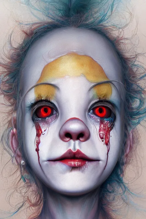 Prompt: detailed painting of clown girl crying, piercing eyes, james jean, miho hirano, hyperrealistic, octane render, ambient light, dynamic lighting