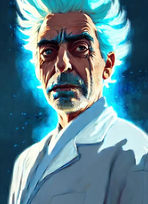Image similar to rick sanchez portrait wearing a white lab coat with blue hair. highly detailed. psychedelic digital painting. smooth. alien planet background. art by greg rutkowski