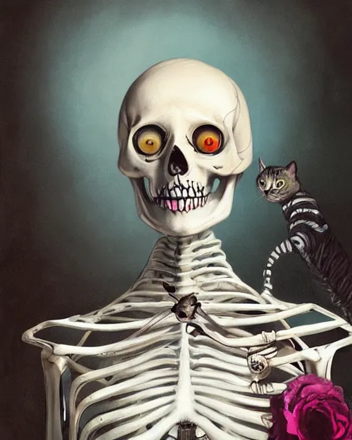 Prompt: a surrealistic head and shoulder painting of a gorgeous female skeleton with cat eyeballs and lipstick and hoodie, in the style of sir james guthrie and greg rutkowski, digital art, detailed masterpiece