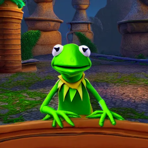 Image similar to screenshot of a kermit the frog as an npc in spyro the dragon video game, with playstation 1 graphics, activision blizzard, upscaled to high resolution