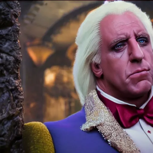 Image similar to portrait of ric flair as willy wonka in morrowind, fantasy, warcraft, warhammer, splash art, movie still, detailed face, photorealistic facial features, cinematic lighting, dramatic, octane render, long lens, shallow depth of field, bokeh, anamorphic lens flare, 8 k, hyper detailed, 3 5 mm film grain