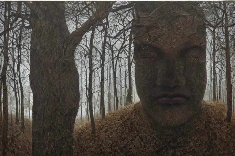 Prompt: face in the woods by oleh shupliak, surreal oil painting, highly detailed, symmetry, masterpiece