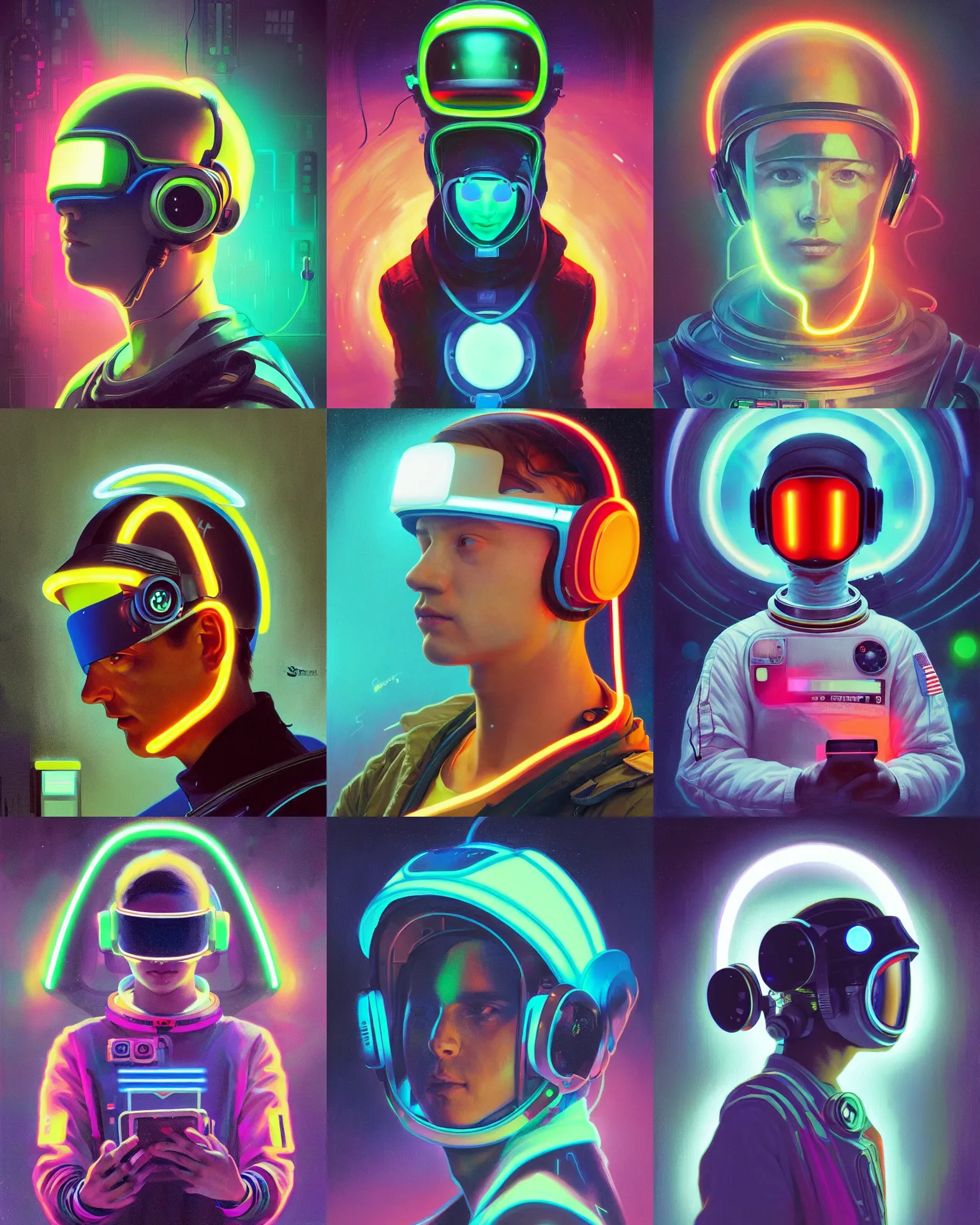Prompt: future coder looking on, glowing visor over eyes and sleek neon headphones, neon accents, backlit, desaturated headshot portrait painting by dean cornwall, ilya repin, rhads, tom whalen, alex grey, alphonse mucha, donoto giancola, astronaut cyberpunk electric fashion photography