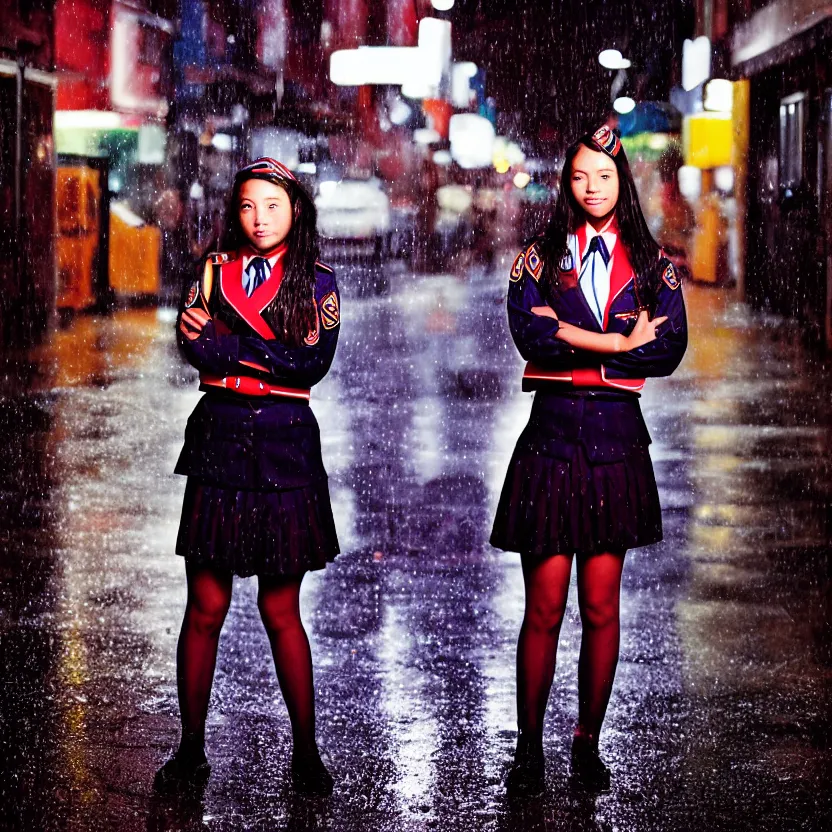 Image similar to night flash portrait photography of a high school girl in uniform on the lower east side by annie leibovitz, colorful, nighttime!, raining!