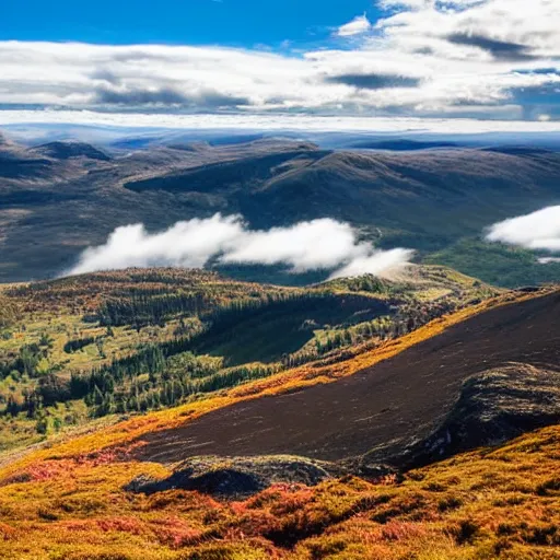 Image similar to autumnal view from the top of a scottish mountain with heather, pine forests, blue skies, rivers and cirrus clouds