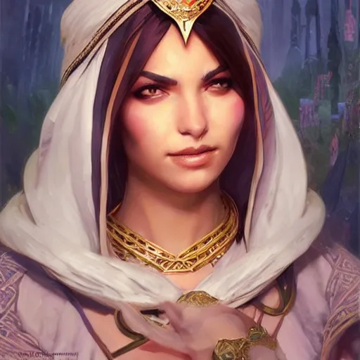 Image similar to persian princess, D&D, painted fantasy character portrait, highly detailed, digital painting, artstation, concept art, sharp focus, illustration, art by artgerm and greg rutkowski and alphonse mucha