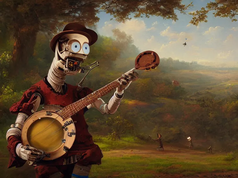 Image similar to painting of a country bumpkin robot playing a banjo, straw in his mouth, style of peter mohrbacher, high detail, hyper realistic, 8 k