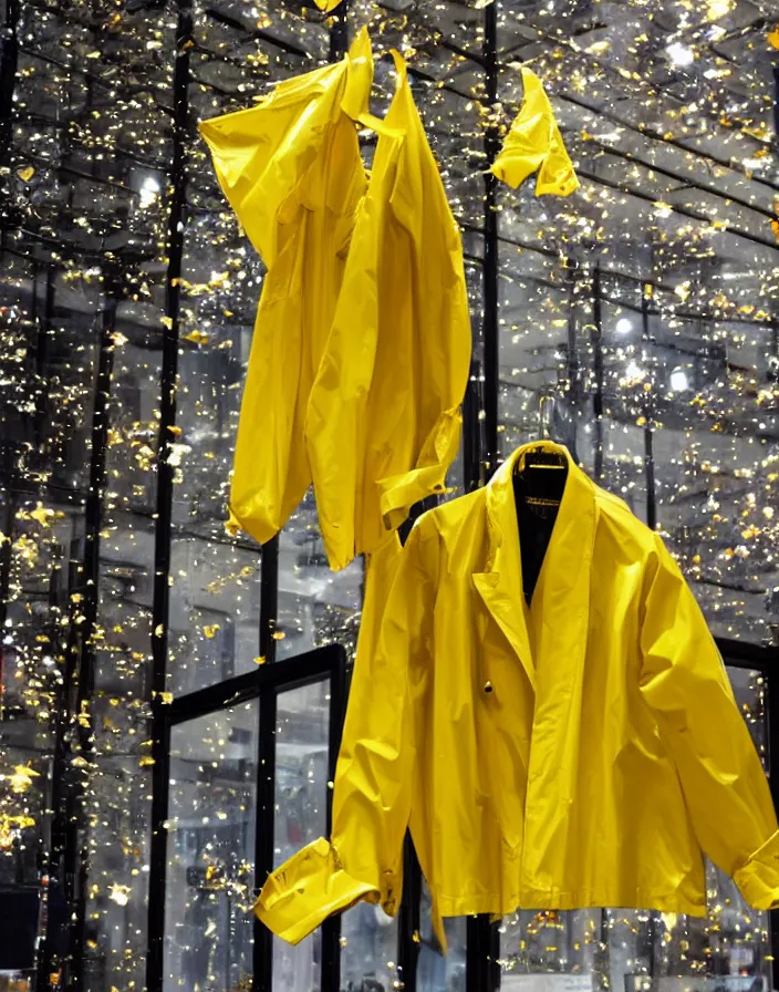 Prompt: a lone yellow zara raincoat flying hanging mid - air on a glittering rainy display designed by james terrell, we anderson