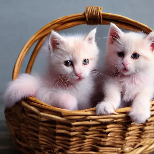 Prompt: fluffy pink kittens in a basket