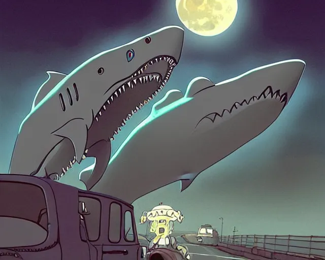 Prompt: a cell shaded cartoon grey lovecraftian mechanized shark from howl's moving castle ( 2 0 0 4 ), with a big head, on a desert road, wide shot, in front of a big moon, muted colors, post grunge, josan gonzales, wlop, by james jean, victor ngai, hq, deviantart, art by artgem