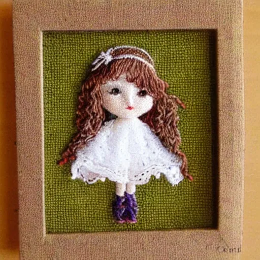 Image similar to a tiny beautiful handmade embroidery of a little girl with brown curly hair. hand embroidery.