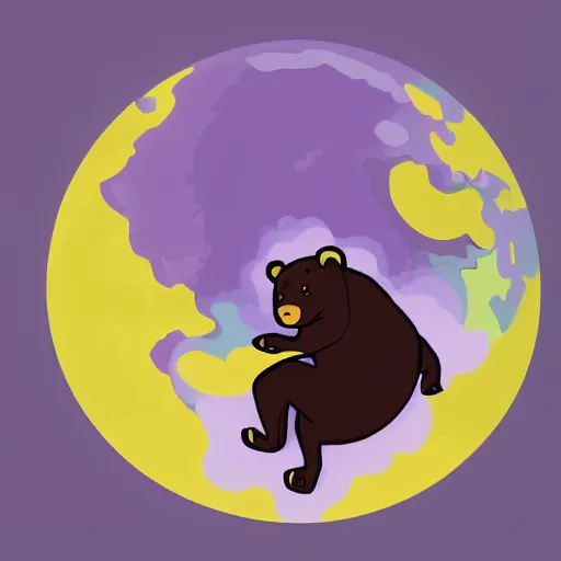 Image similar to cartoon animated illustration of a bear mascot being launched from a futuristic marble planet, purple and orange cloudland