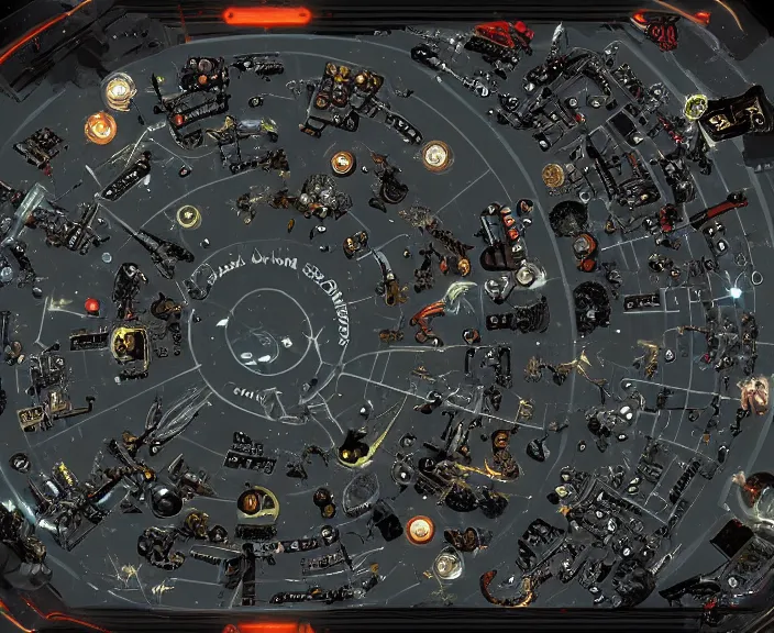 Prompt: a space junkyard forming a tilted disk in black starless space, a graveyard of space stations and giant space structures, dark sci - fi game map with solid black background, everything fits on the screen