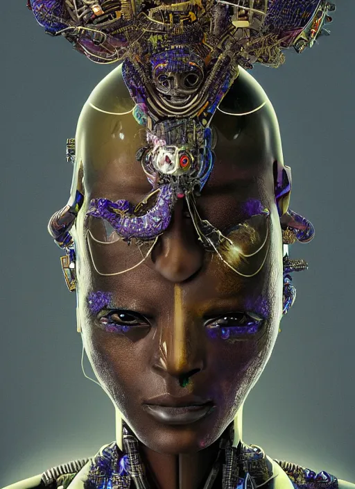 Image similar to portrait of a futuristic african voodoo master cyborg, in the style of ghost in the shell, kintsugi, modern fine art, fractal, intricate, elegant, highly detailed, digital photography, subsurface scattering, by jheronimus bosch and greg rutkowski,