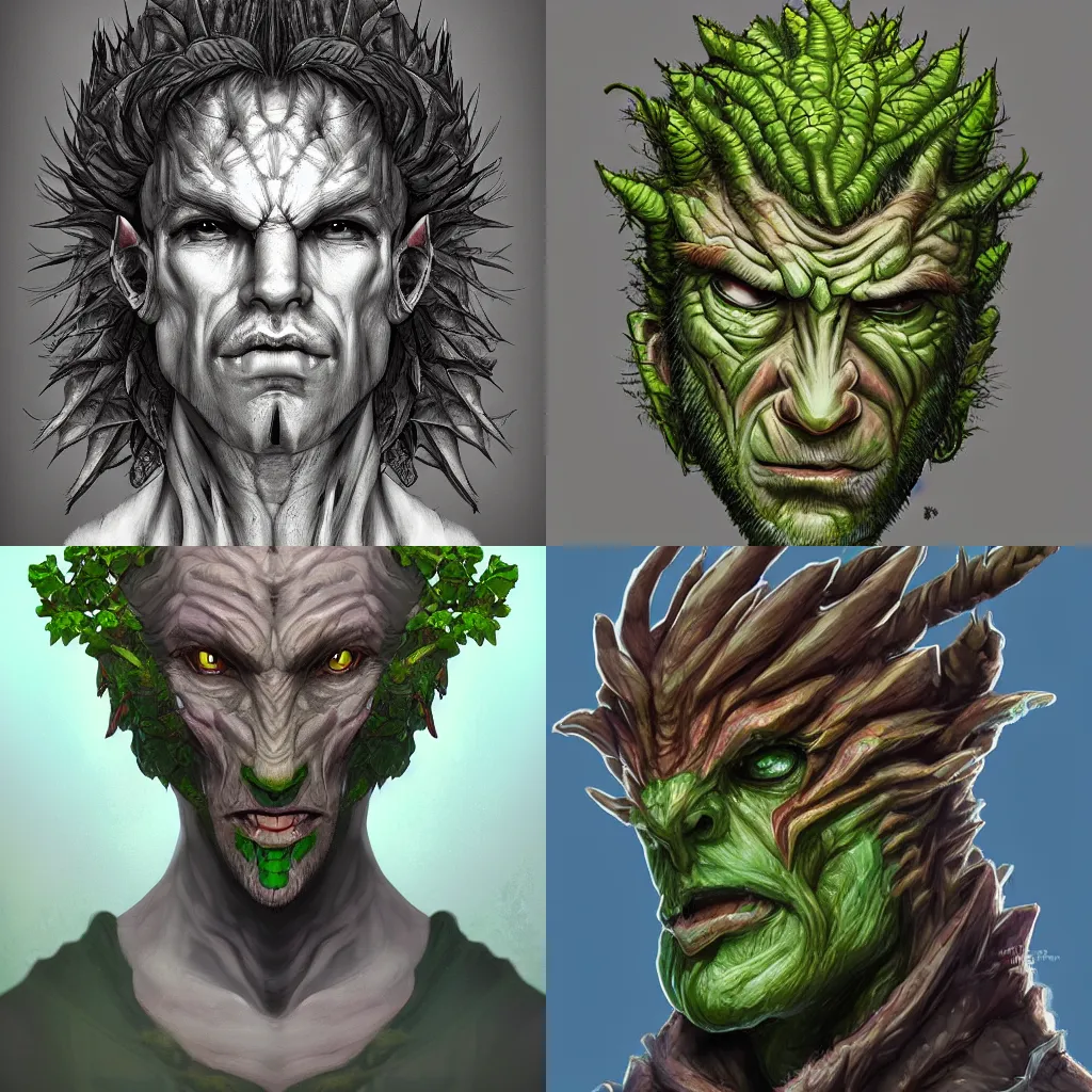 Prompt: Tree Plant-Person Farmer. D&D Character Dragon like Head Portrait, Digital Art, Detailed, Trending on Artstation