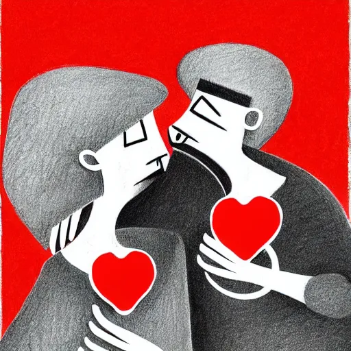 Image similar to two beautiful chad men drinking beer (red hearts), friendship, love, sadness, dark ambiance, concept by Godfrey Blow, featured on deviantart, drawing, sots art, lyco art, artwork, photoillustration, poster art