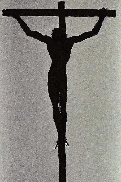 Image similar to christ crucified looking like a big mushroom painted in by cy twombly and andy warhol
